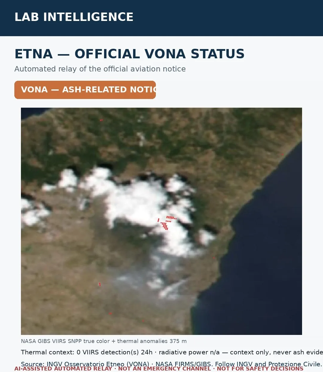 Official VONA-status relay card with satellite context.