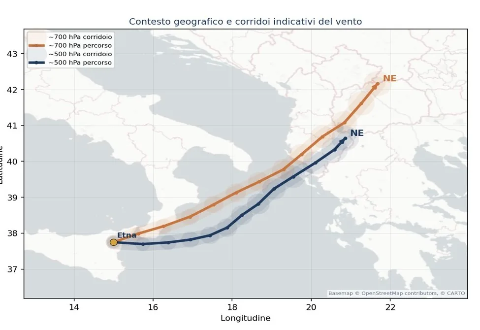 Le linee seguono il vento previsto a due livelli; le bande sono corridoi indicativi. Non rappresentano concentrazione, deposizione o pericolosità.
